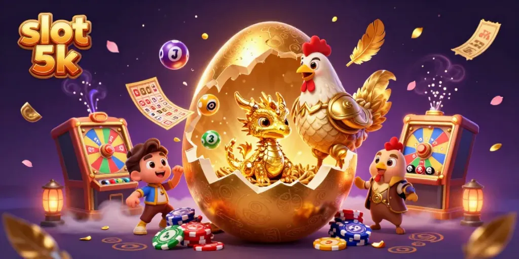 Experience thrilling wins with slot 5k as a baby dragon guards poker chips amidst vibrant gaming elements.