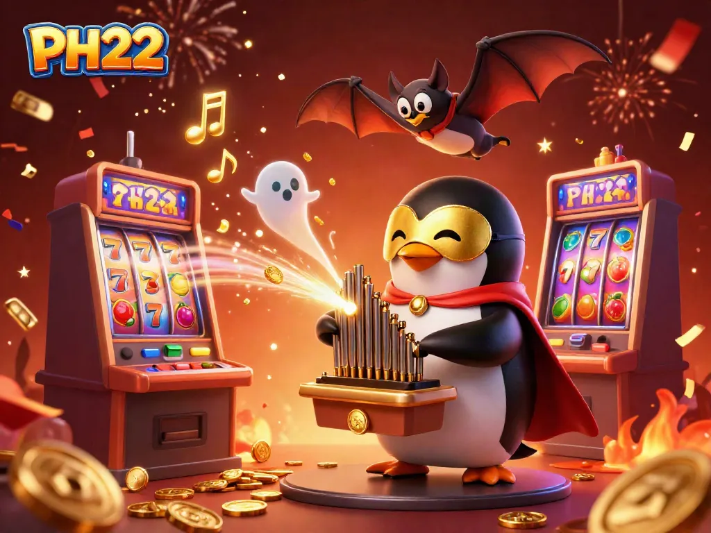 PH222 showcases a vibrant 3D scene with a phantom penguin, slot machines, and festive elements.