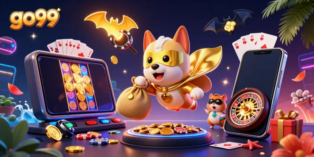 Go99 superhero dog flying through a vibrant casino scene filled with coins and games.