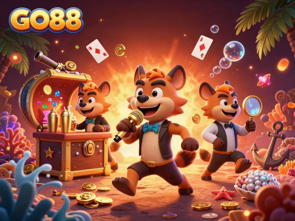 Experience the vibrant GO88 casino scene featuring hyenas in a dynamic comedy club setting.