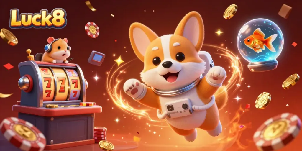 Experience Luck8 with a floating casino scene featuring an astronaut corgi, a mission-control hamster, and playful elements.