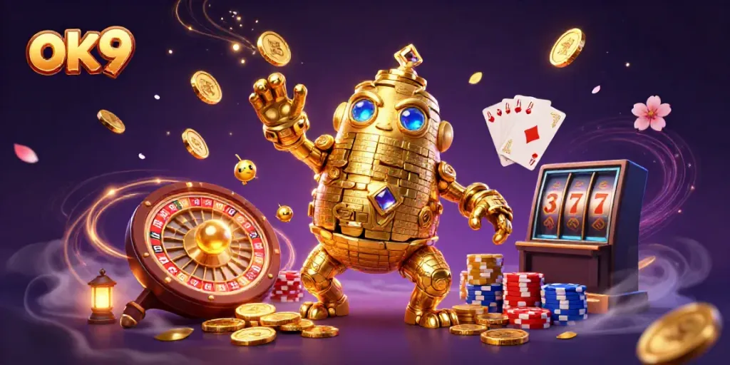 Experience thrilling ok9 gaming with a golden golem surrounded by vibrant casino elements.