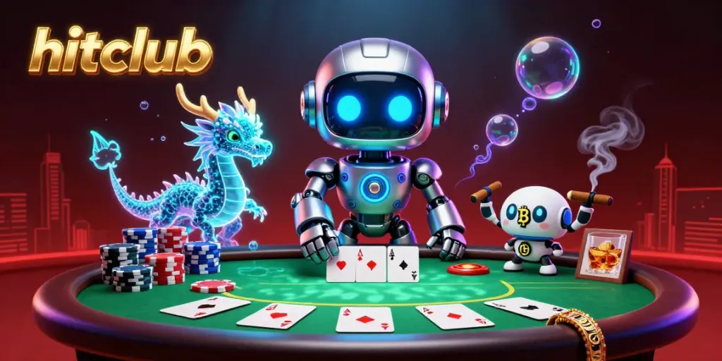 Experience the vibrant hitclub scene with a cyberpunk robot and poker elements for extended gaming excitement.