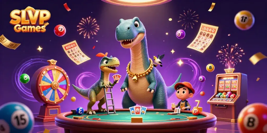 Join the fun with SLVIP Games featuring a giant brontosaurus looking over a poker table, adding excitement to the casino atmosphere.