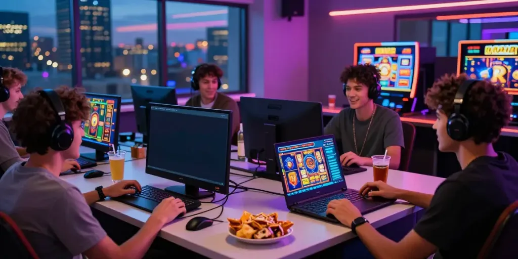 Exciting slot88 players gathered around laptops enjoying a vibrant online gaming tournament atmosphere.