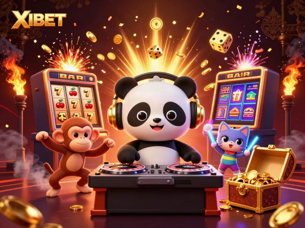 XIBET showcases an exciting casino scene with vibrant characters and dynamic game elements in an energetic atmosphere.