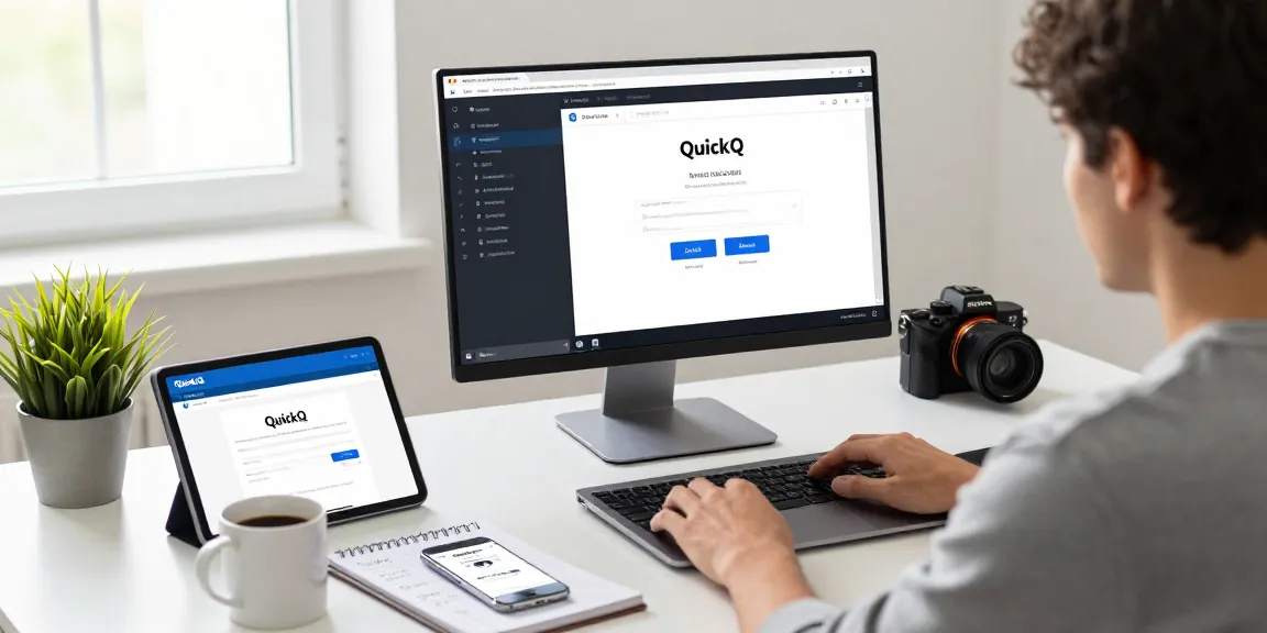 安装QuickQ官网应用的用户在现代办公桌前，体现高效的工作空间