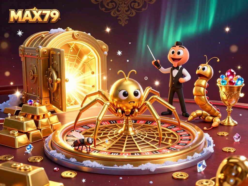 Place bets at MAX79, where a golden spider spins a roulette web under dynamic casino lights.