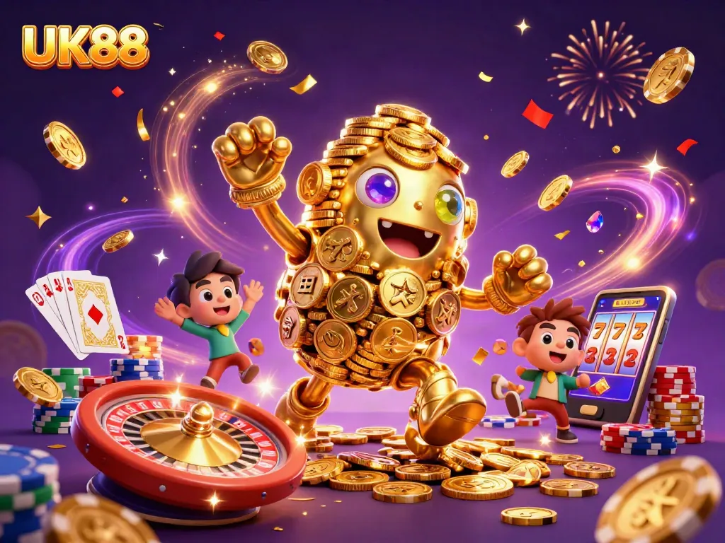 Experience thrilling gameplay at UK88 with golden golem, spinning roulette, and flying coins in a vibrant casino scene.