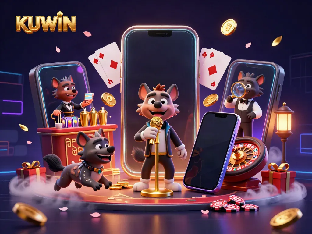 Engage with KUWIN's vibrant casino atmosphere featuring hyenas in a playful comedy club scene.
