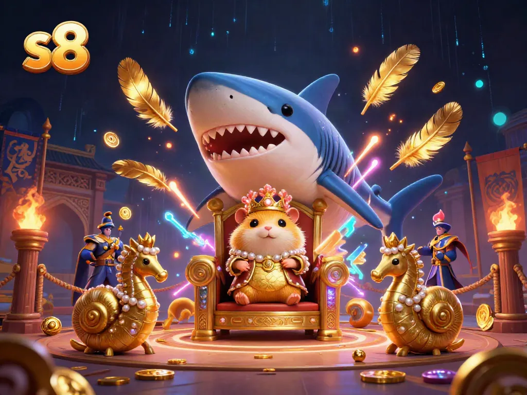 Experience excitement at s8 with a golden hamster king presiding over a vibrant casino scene.