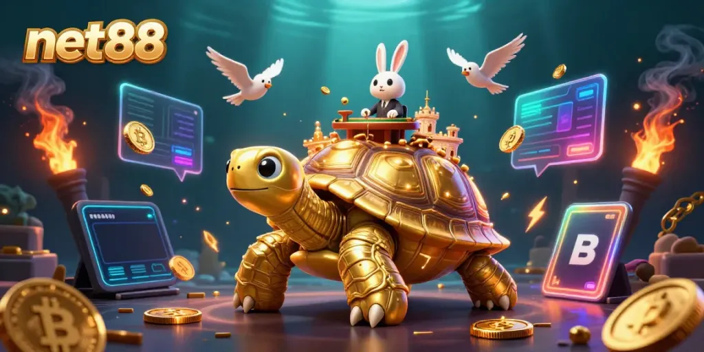 Engage with net88 at a vibrant 3D casino scene featuring a golden tortoise and crypto elements.