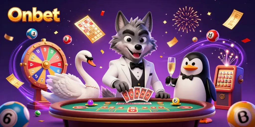 Experience Onbet's vibrant casino atmosphere with lively characters and engaging games.