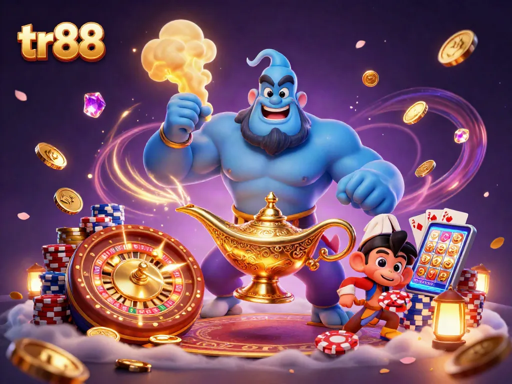 Experience thrilling gameplay with tr88, featuring a dynamic scene of casino charm with a genie and poker elements.