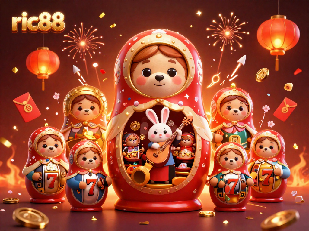 Spin the reels with ric88, showcasing vibrant slot scenes and festive decorations for exciting gameplay!