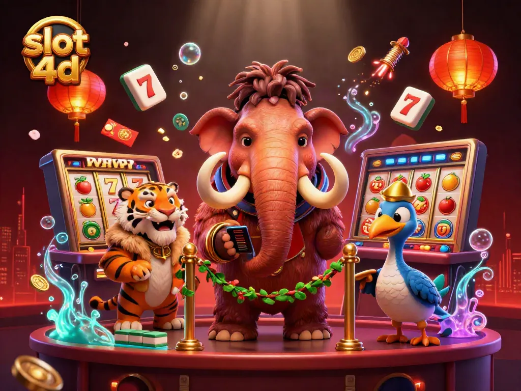 Gambarlah aksi menarik dari slot 4D di kasino dengan karakter kartun menarik.
