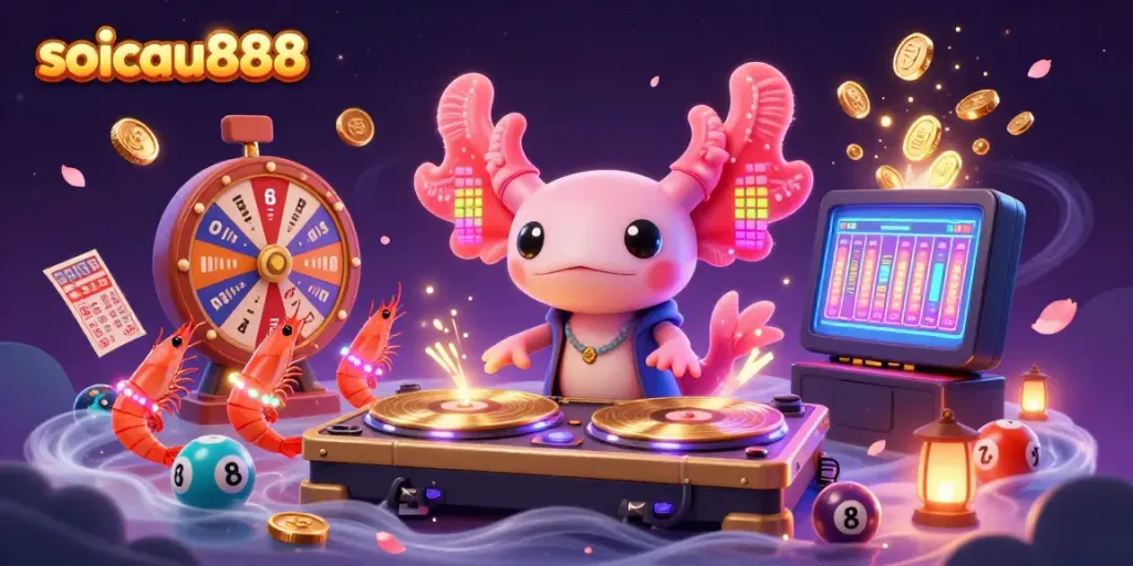 A dynamic lottery-themed scene featuring soicau888 with a neon axolotl DJ, dancing shrimp, and prize wheels.