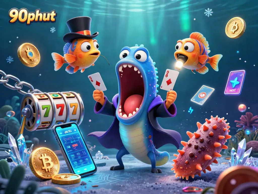 Experience thrilling casino magic with 90phut's vibrant 3D underwater scene of card tricks.