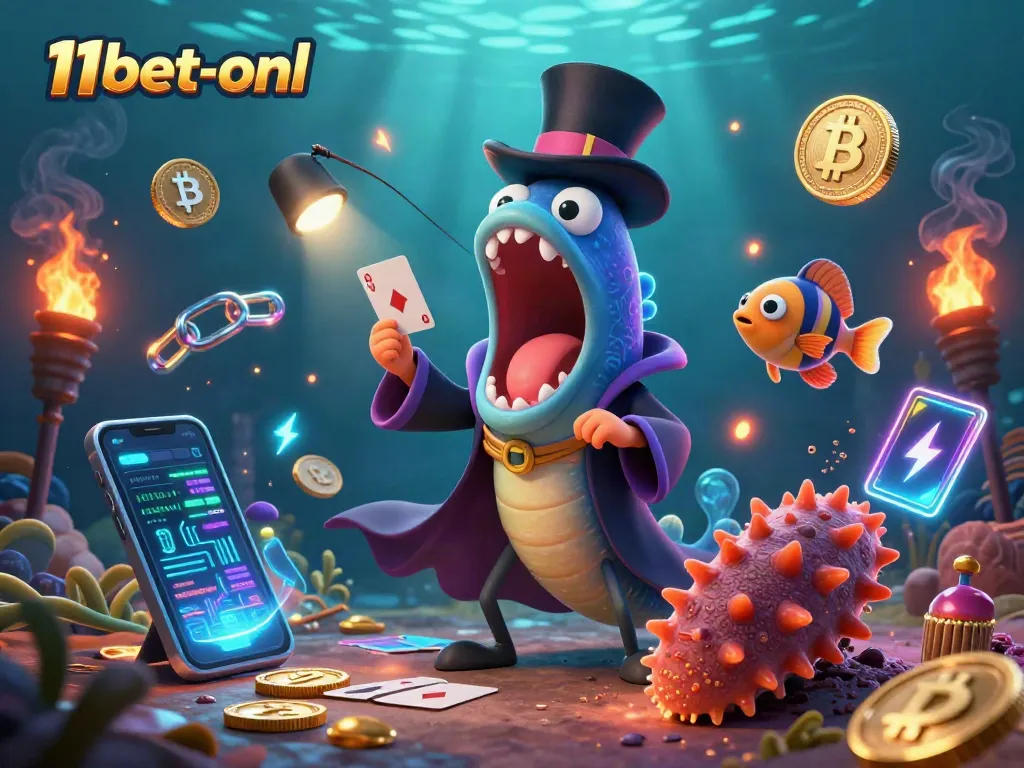 Experience the thrill of 11bet-onl with a lively underwater casino scene showcasing vibrant characters and crypto elements.