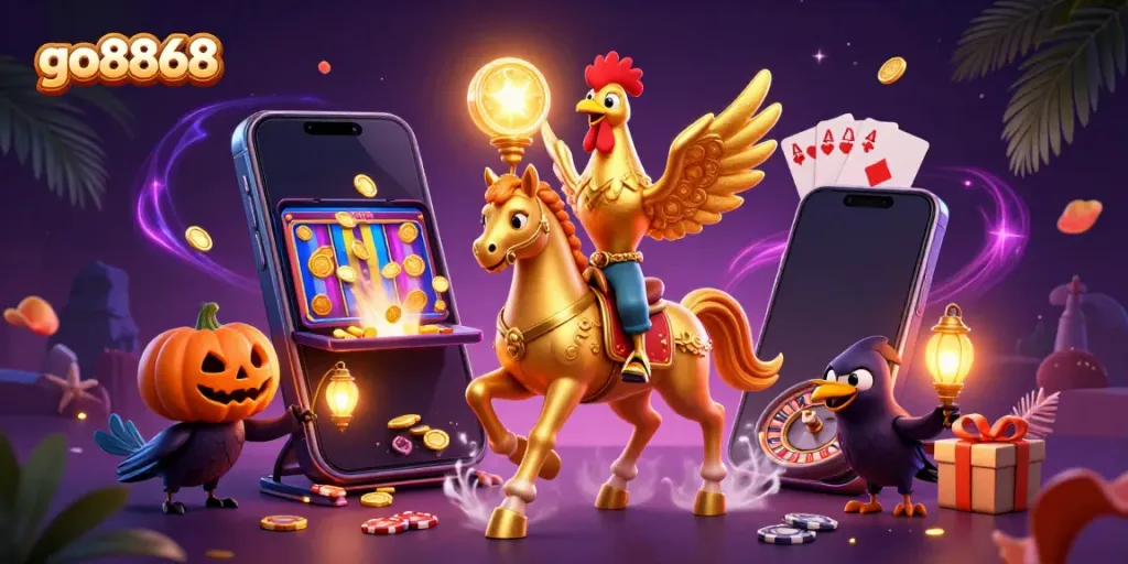Experience thrilling casino action with go8868 featuring a golden rooster and dynamic slot games.