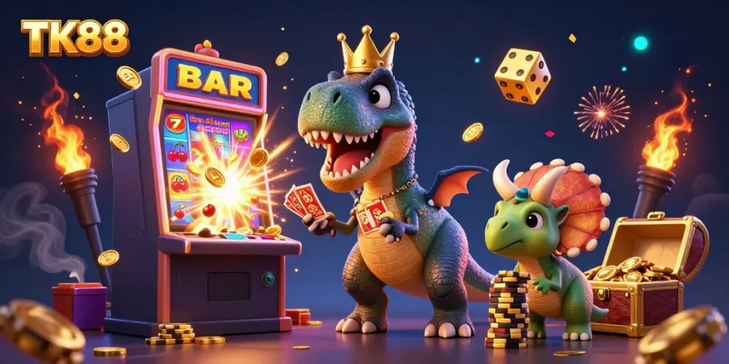 Engage with TK88's vibrant 3D casino scene featuring a playful T-Rex and dynamic gaming elements.