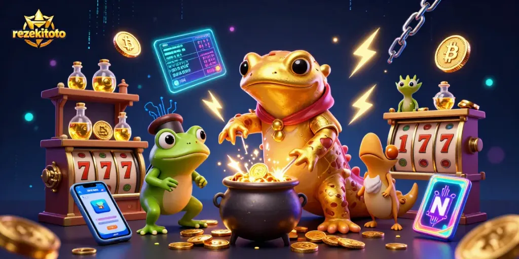 Engage with rezekitoto's vibrant gaming scene featuring a golden alchemist and cryptocurrency elements.