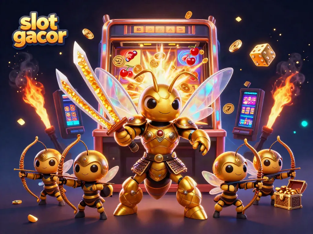 Experience slot gacor excitement with the golden hornet warrior and jackpot symbols bursting forth.