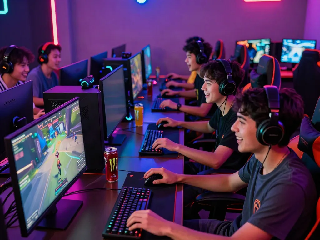 SAPPORO88 gaming lounge with friends playing online games, showcasing excitement and modern gaming culture.