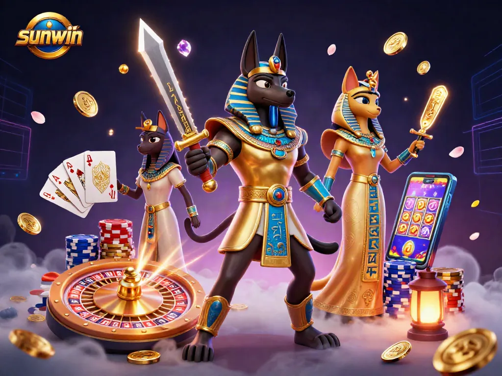 Experience sunwin with Anubis and Bastet amidst vibrant casino elements in a dynamic scene.
