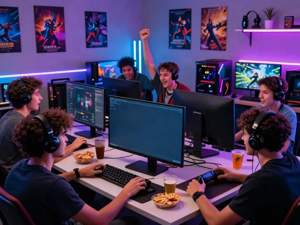 Kilat404 gaming scene with friends enjoying multiplayer games together in a vibrant room.