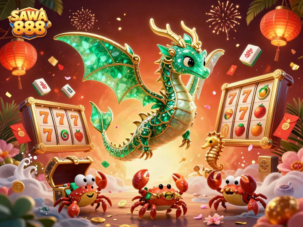 Experience the thrill of SAWA 888 with vibrant 3D casino elements amid colorful festivities.