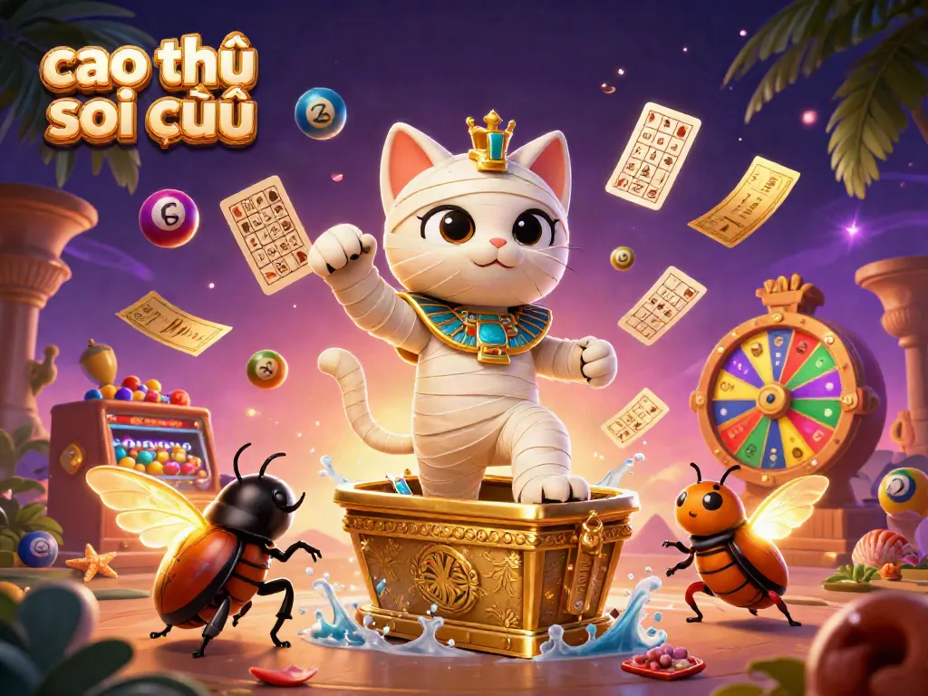 Engage with cao thủ soi cầu as the animated Egyptian mummy cat and scarab beetle bring luck in a lively casino setting.