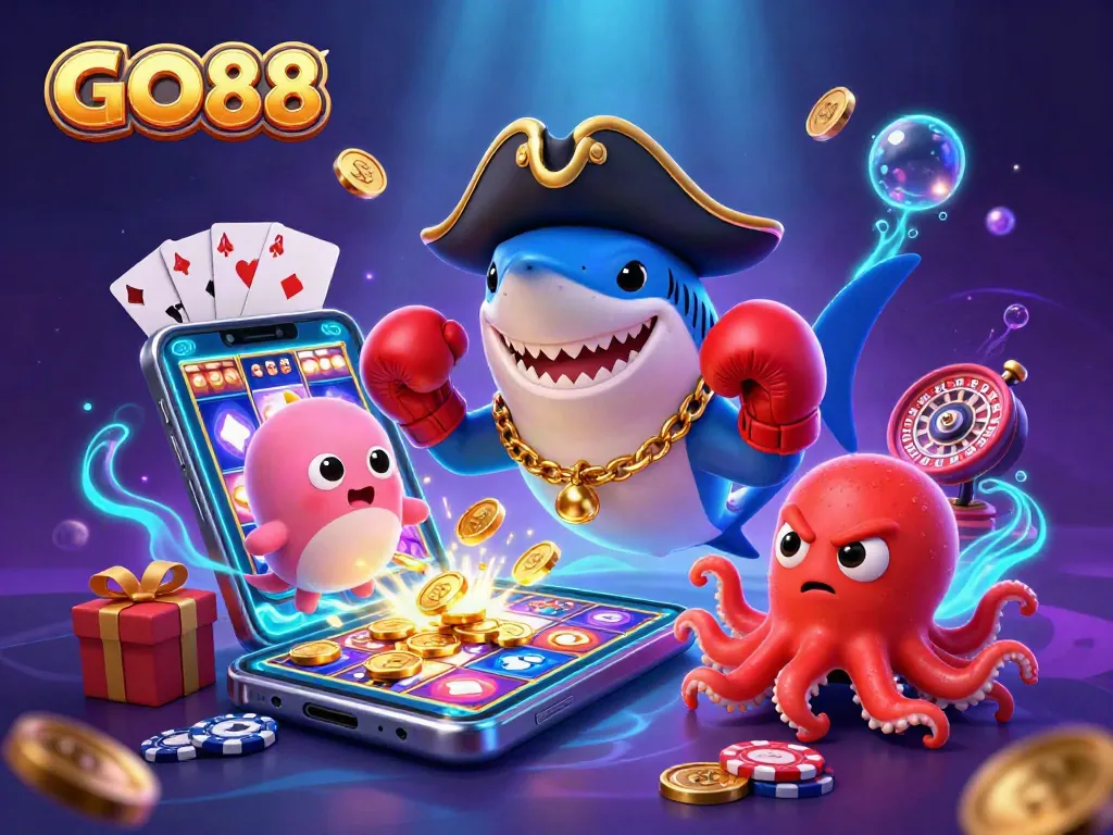 Experience the thrill of GO88 casino games with dynamic characters and vibrant gaming elements.