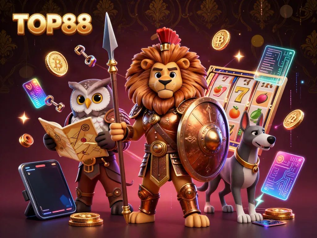 Experience the thrills of TOP88 with a lively 3D illustration showcasing gaming strategy and creativity.