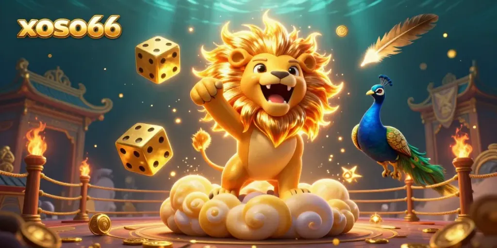 Experience exciting game moments with xoso66 in this vibrant 3D casino scene featuring golden dice and a roaring lion.
