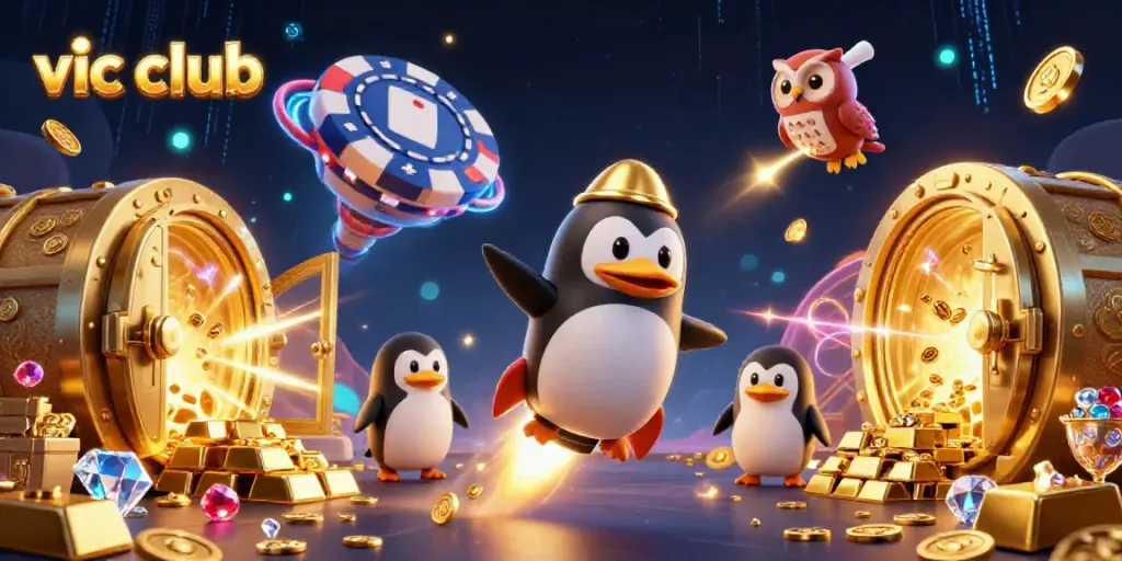 Join the excitement of vic club with a golden penguin and casino-themed adventure through space.