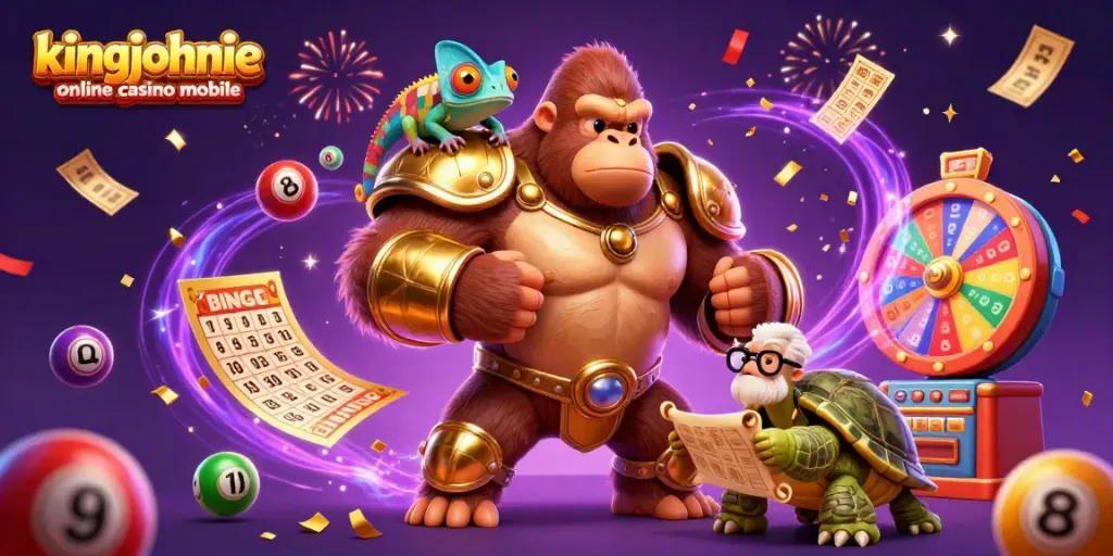 Engaging action at kingjohnnie online casino mobile with a gorilla king in battle armor, colorful casino elements, and festive effects.