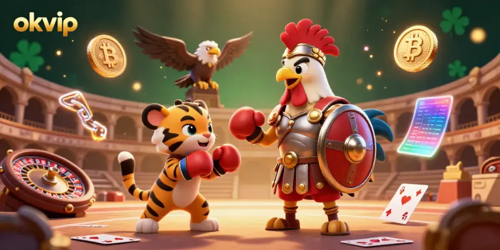 Engage with the okvip casino world featuring a gladiator rooster, tiger cub, and eagle amidst vibrant gambling symbols.