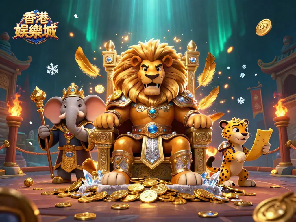 Engage in thrilling gaming action at 香港娛樂城, featuring a fierce lion king on a throne of riches.