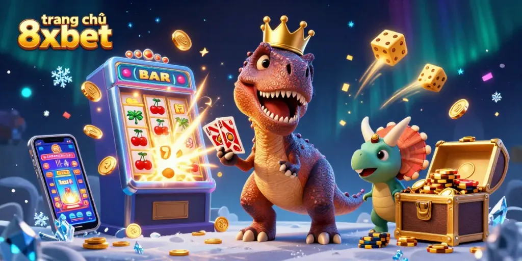 Experience the excitement of trang chủ 8xbet with a lively casino scene featuring animated dinosaurs in action.