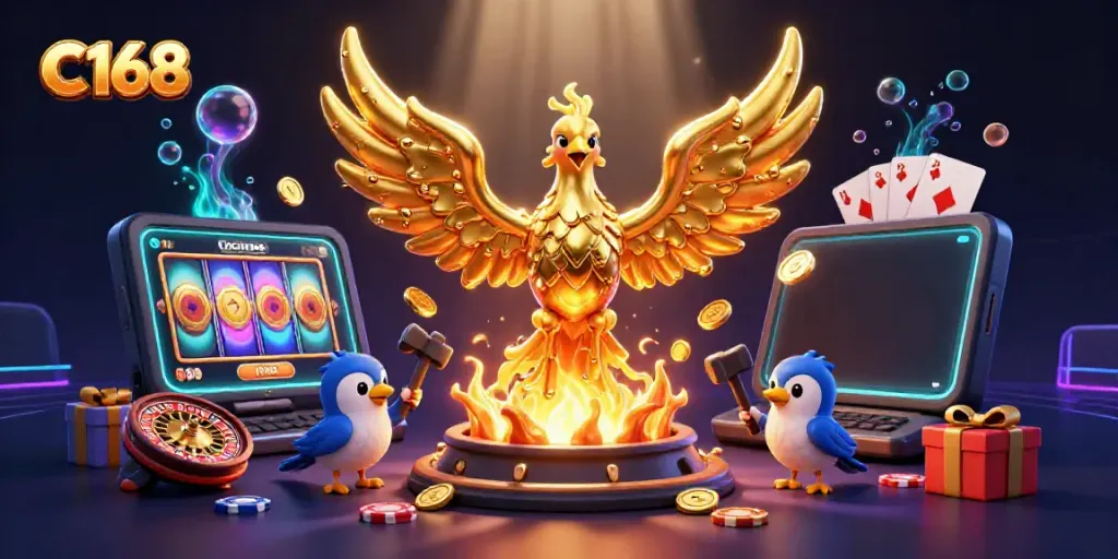 Experience exhilarating C168 gameplay with a molten metal phoenix surrounded by casino elements and game surprises.