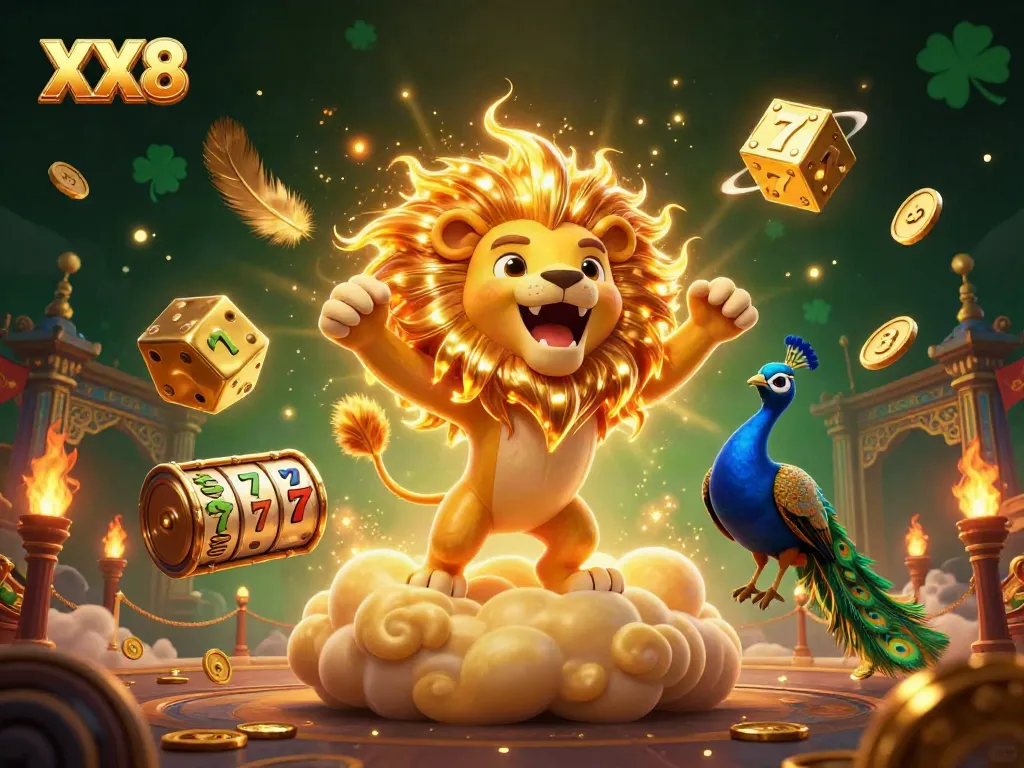 Engage with dynamic XX8 casino action featuring roaring lion, golden dice, and slot machines.