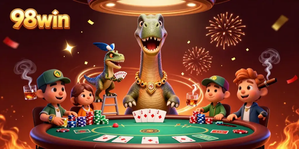Experience the dynamic world of 98win as a dinosaur oversees a lively poker game.