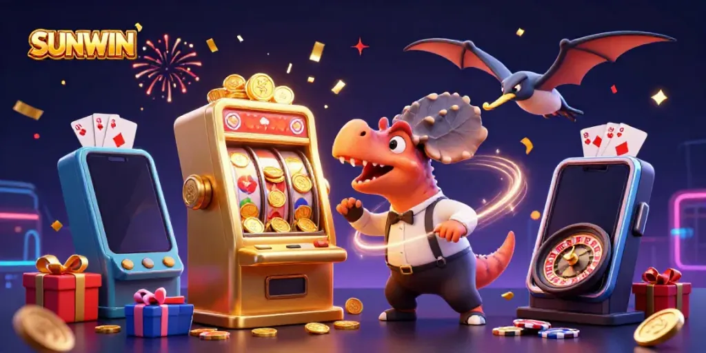 SUNWIN casino illustration with a pachycephalosaurus and slot machine celebrating a jackpot.