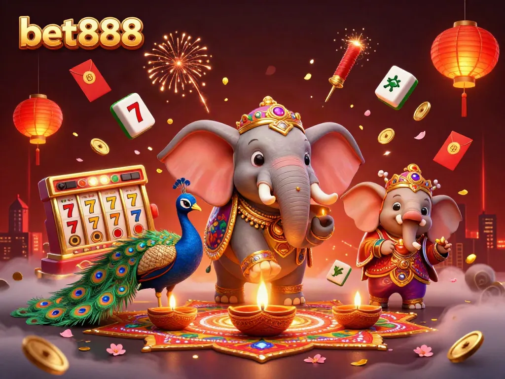 Experience vibrant betting action with bet888 in this colorful 3D casino celebration featuring dynamic slot symbols.