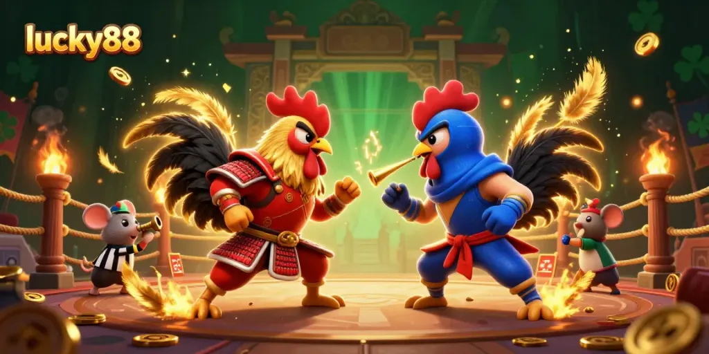 Engage in thrilling action with lucky88 as roosters battle in a vibrant Asian casino arena.
