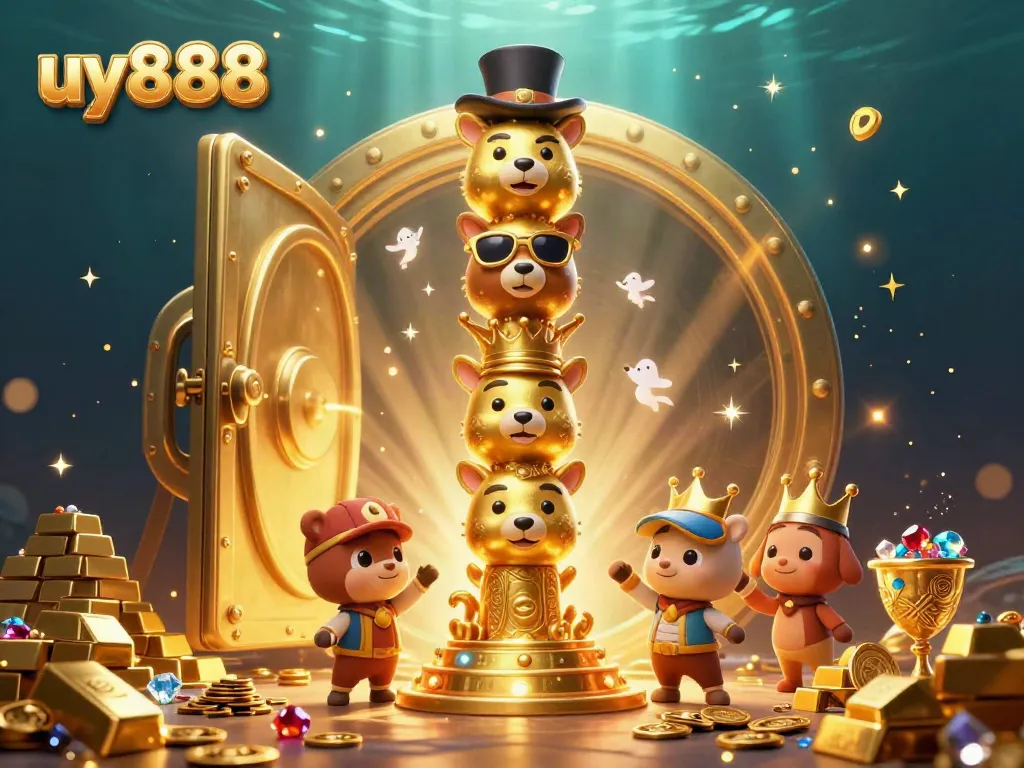 Experience the excitement of uy888 casino games with a vibrant illustration of a golden totem and treasure.