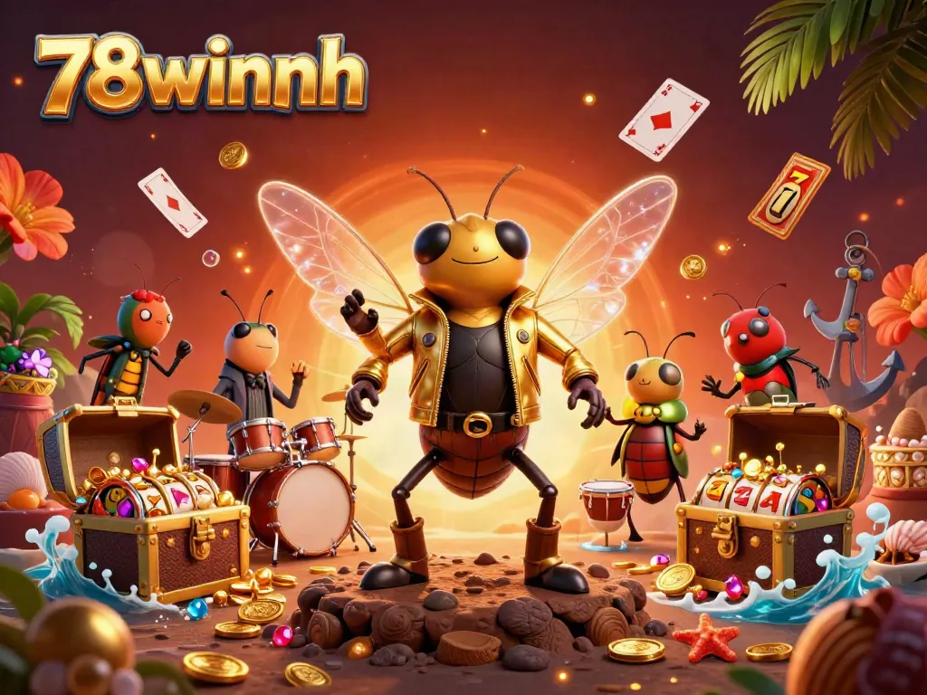 Experience thrilling slots action at 78winnh with a vibrant 3D scene of a cicada rock star and lively casino elements.