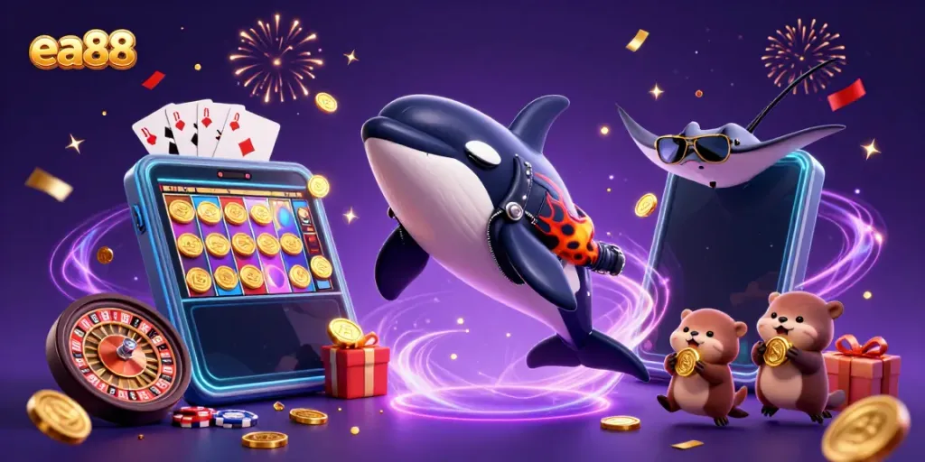 Engage in thrilling gameplay with EA88 – an orca, stingray, and sea otters enjoying a vibrant casino scene.