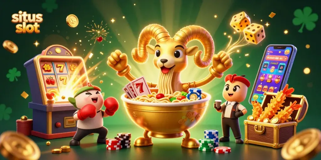Experience the thrill with situs slot as vibrant characters engage in an action-packed casino scene.